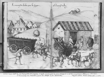 Silbermine von La Croix-aux-Mines, Lothringen, fol.5v und fol.6r, Kohletransport für die Schmieden, ca. 1530